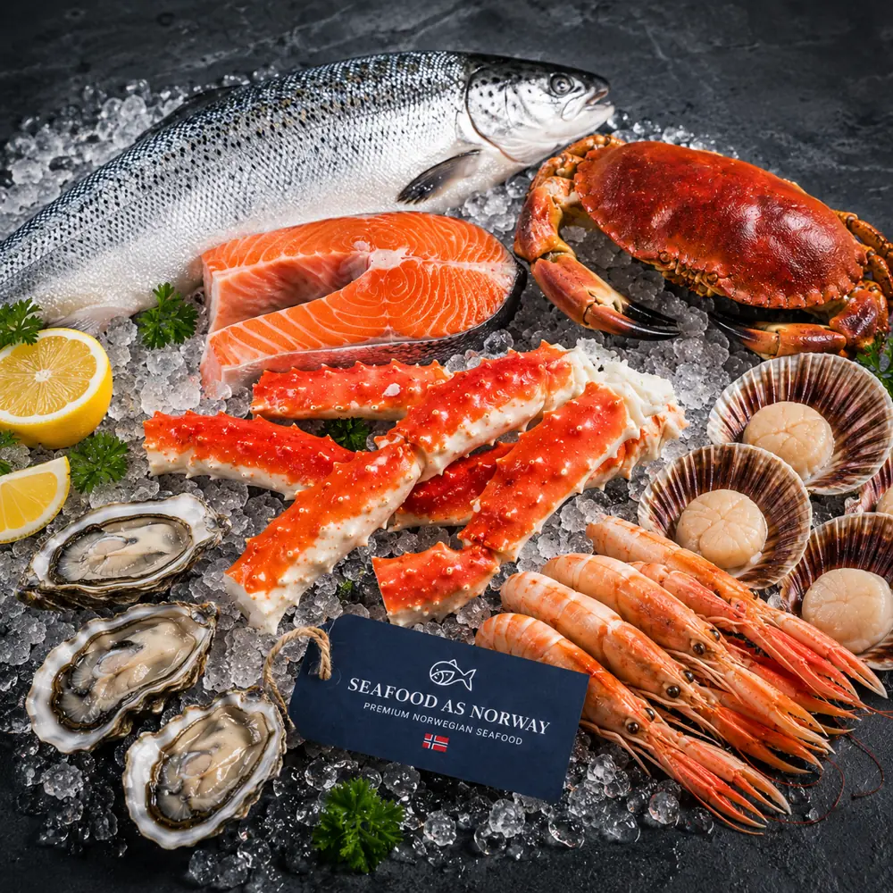 Premium Norwegian seafood assortment including salmon, king crab legs, oysters, shrimp, scallops, and shellfish displayed on ice for wholesale export from Norway.